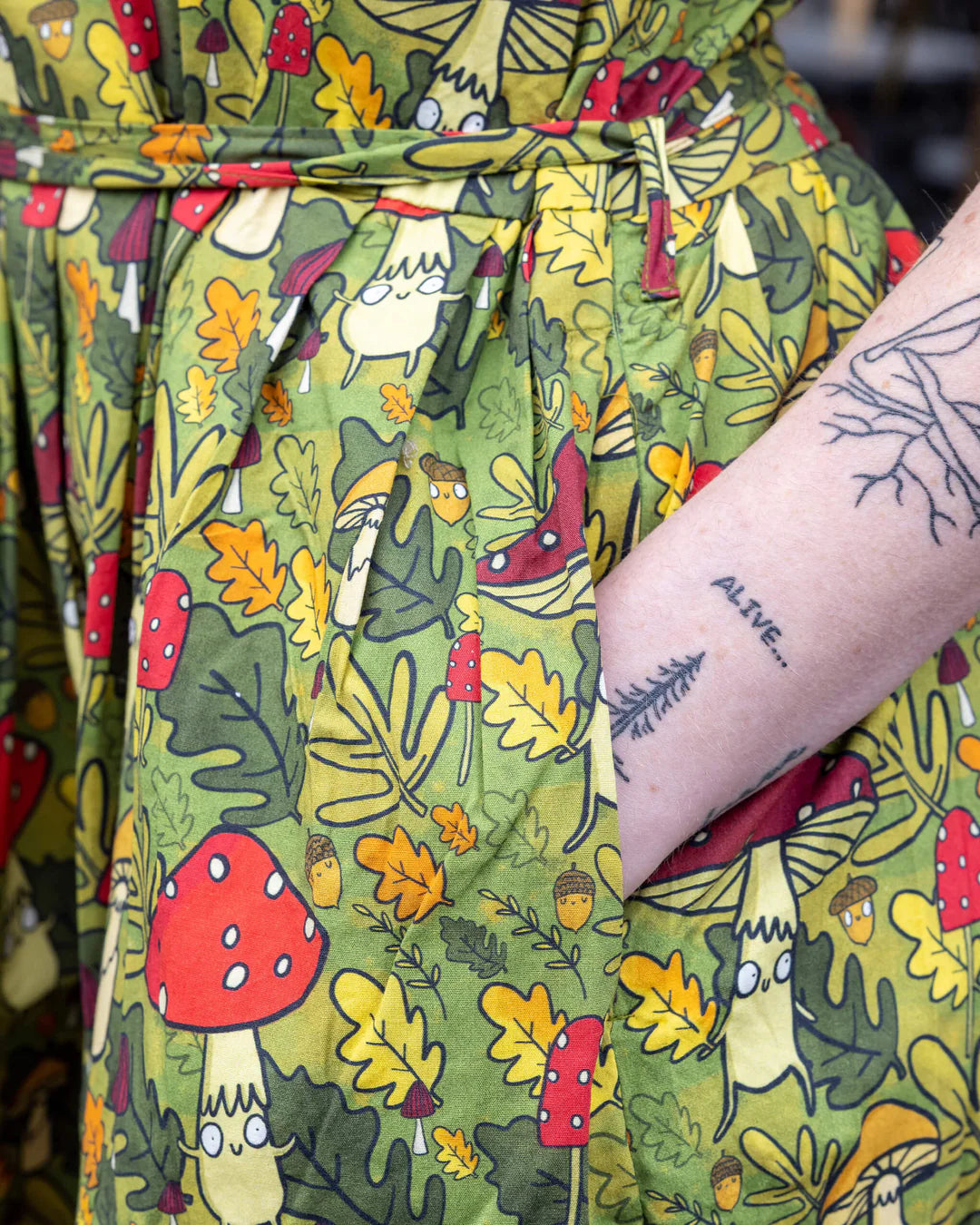 Run & Fly x Katie Abey Mushroom Bois Stretch Belted Tea Dress with Pockets