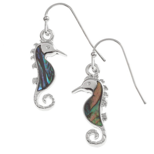 Seahorse design Inlaid Paua shell hook earrings