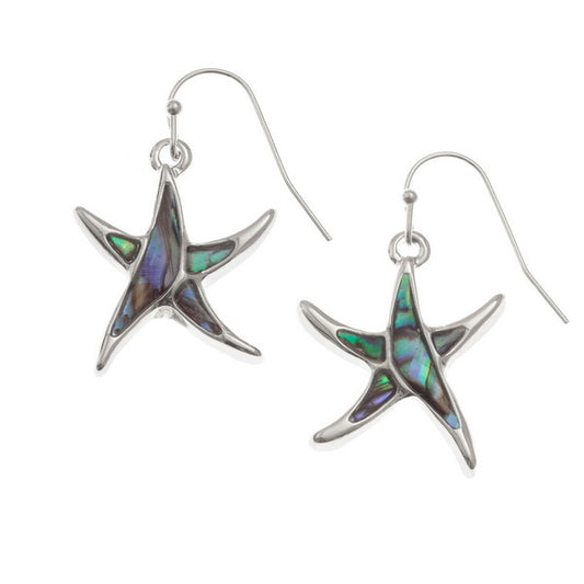 Tide Jewellery inlaid Paua shell starfish hook earrings.