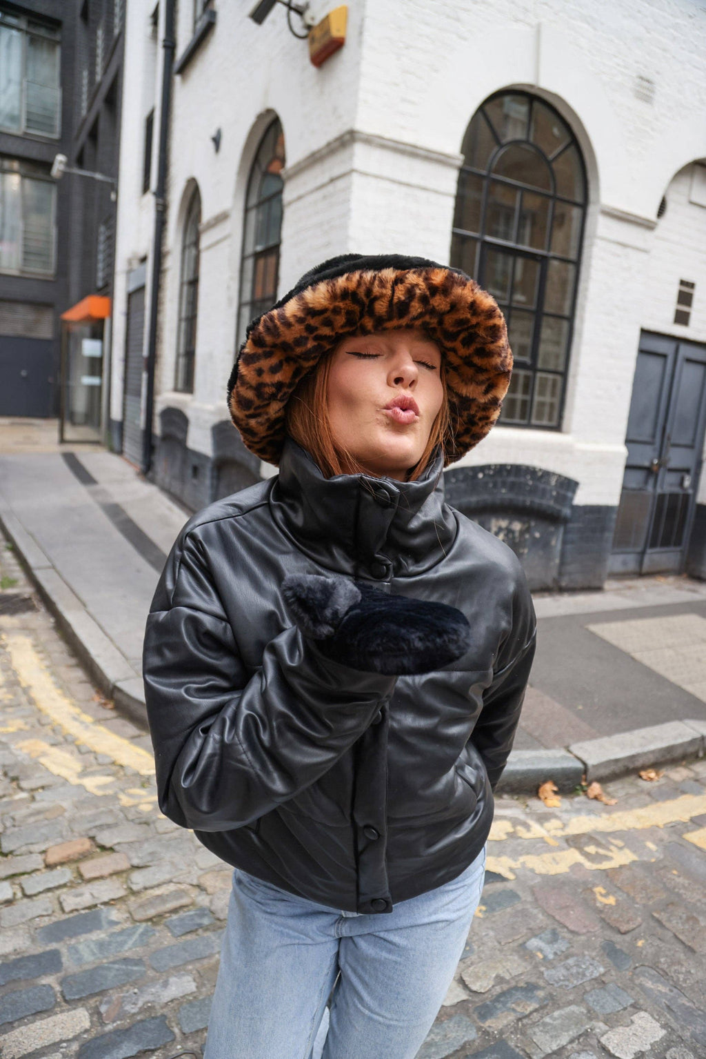 Fur Plush Bucket Hat in Black and Leopard