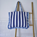 Powell Craft - Blue & White Stripe Quilted Shopper Bag with Seashell Print Trims
