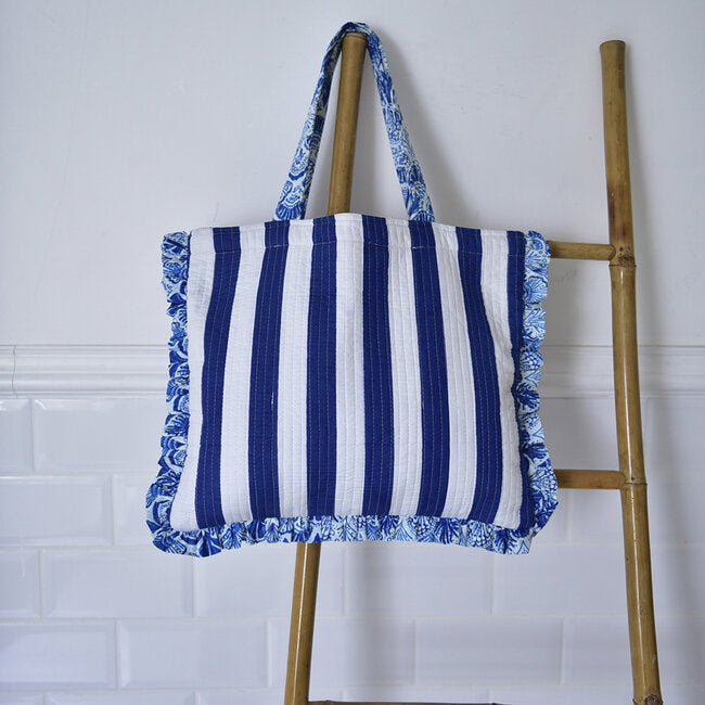 Powell Craft - Blue & White Stripe Quilted Shopper Bag with Seashell Print Trims