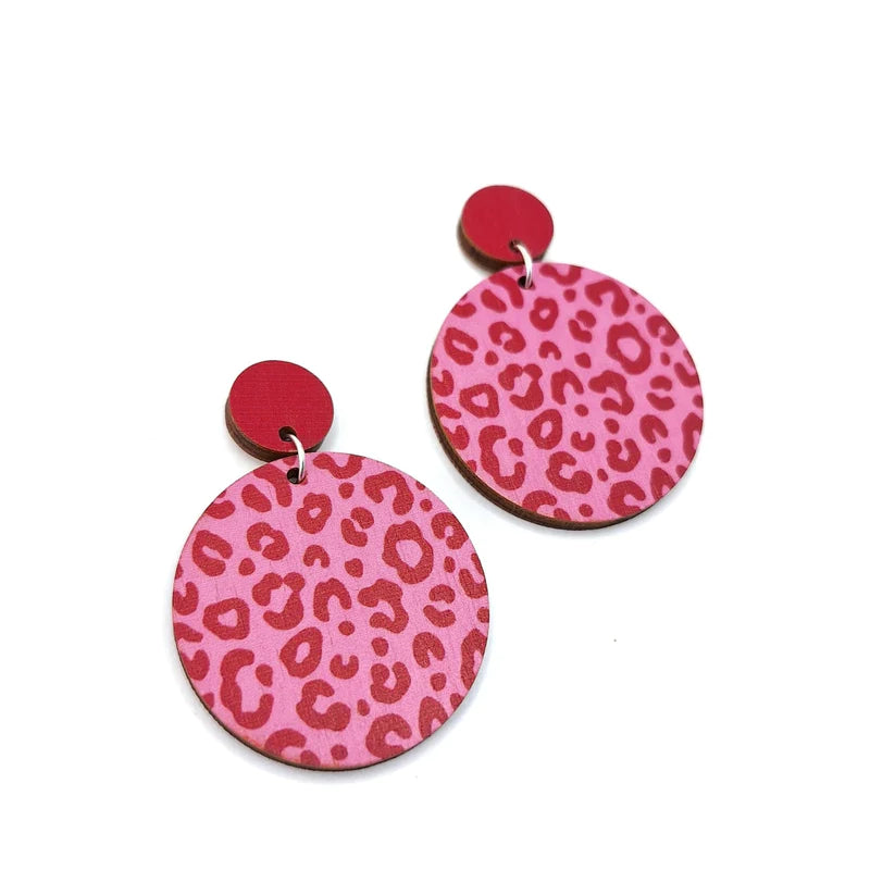 Leopard Print Statement Earrings Large Circles Red and Pink