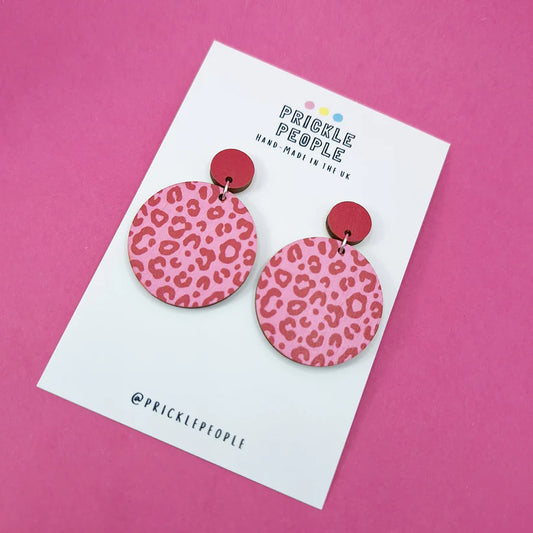 Leopard Print Statement Earrings Large Circles Red and Pink