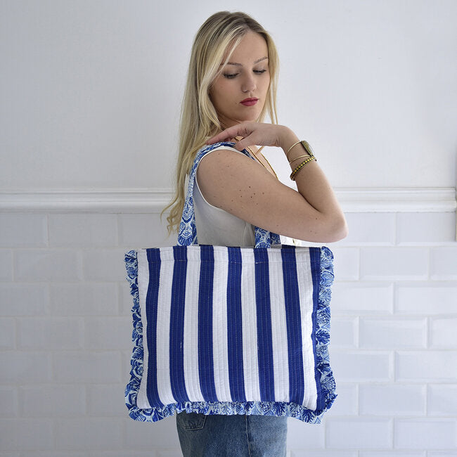 Powell Craft - Blue & White Stripe Quilted Shopper Bag with Seashell Print Trims