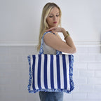 Powell Craft - Blue & White Stripe Quilted Shopper Bag with Seashell Print Trims