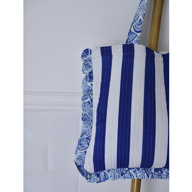 Powell Craft - Blue & White Stripe Quilted Shopper Bag with Seashell Print Trims