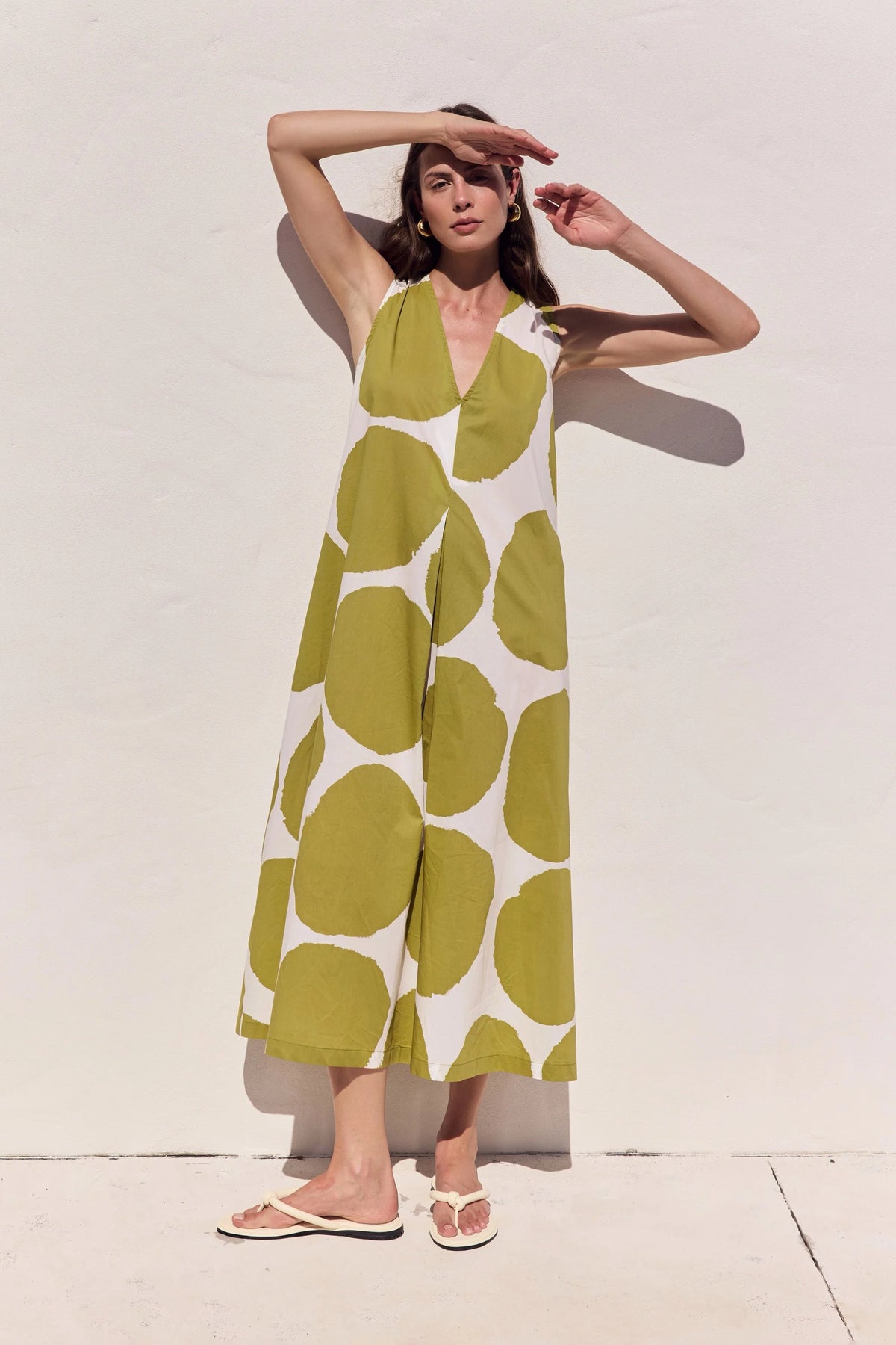 Tirelli - Inverted Pleat Poplin Dress - Chartreuse Green & White Spot