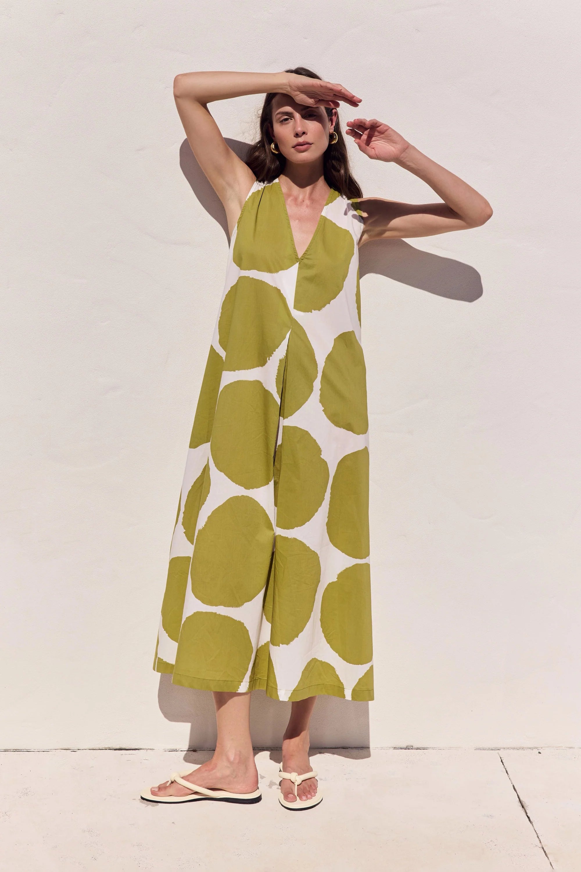 Tirelli - Inverted Pleat Poplin Dress - Chartreuse Green & White Spot