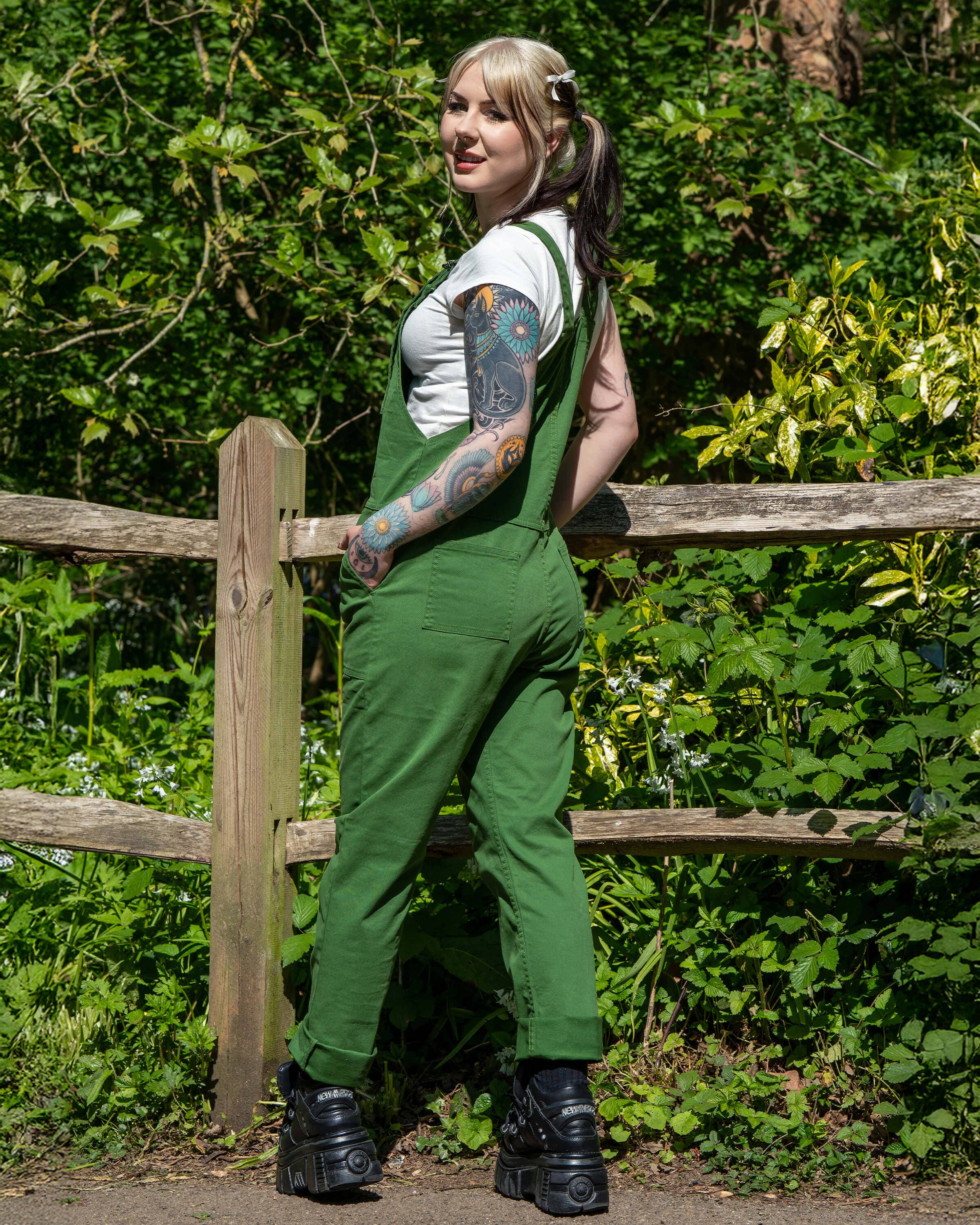 Rebel Romance Forest Green Stretch Dungarees