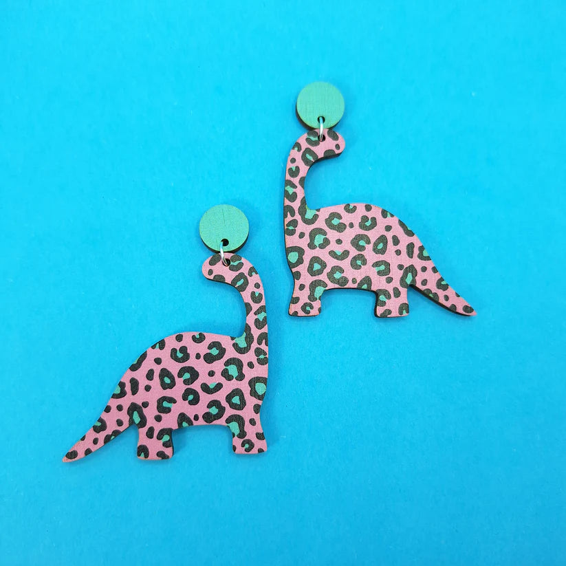 Leopard Print Dinosaur Statement Earrings Blue and Pink