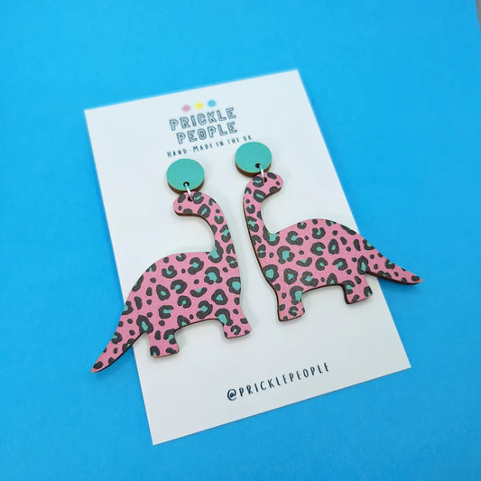 Leopard Print Dinosaur Statement Earrings Blue and Pink