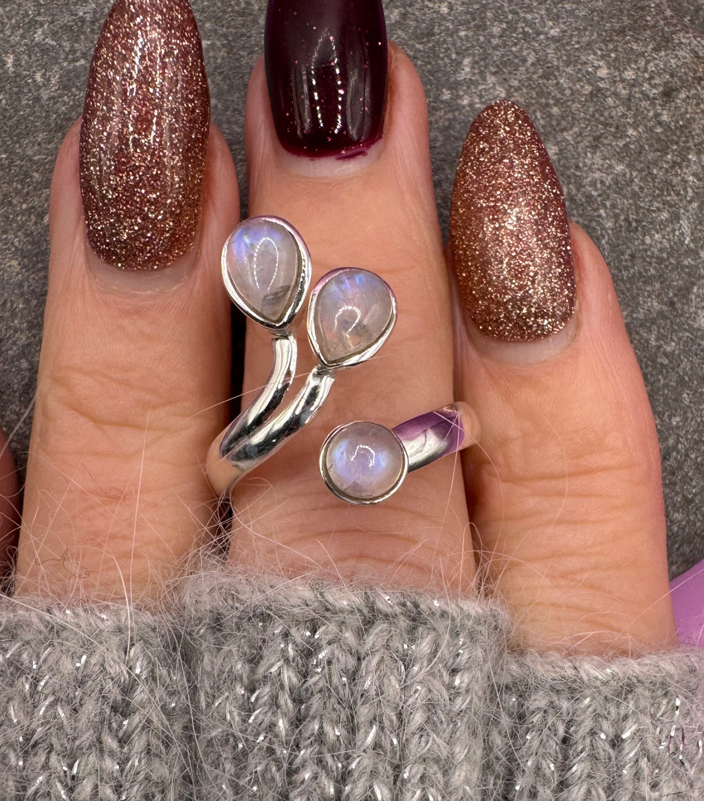 Triple Rainbow Moonstone Sterling ring