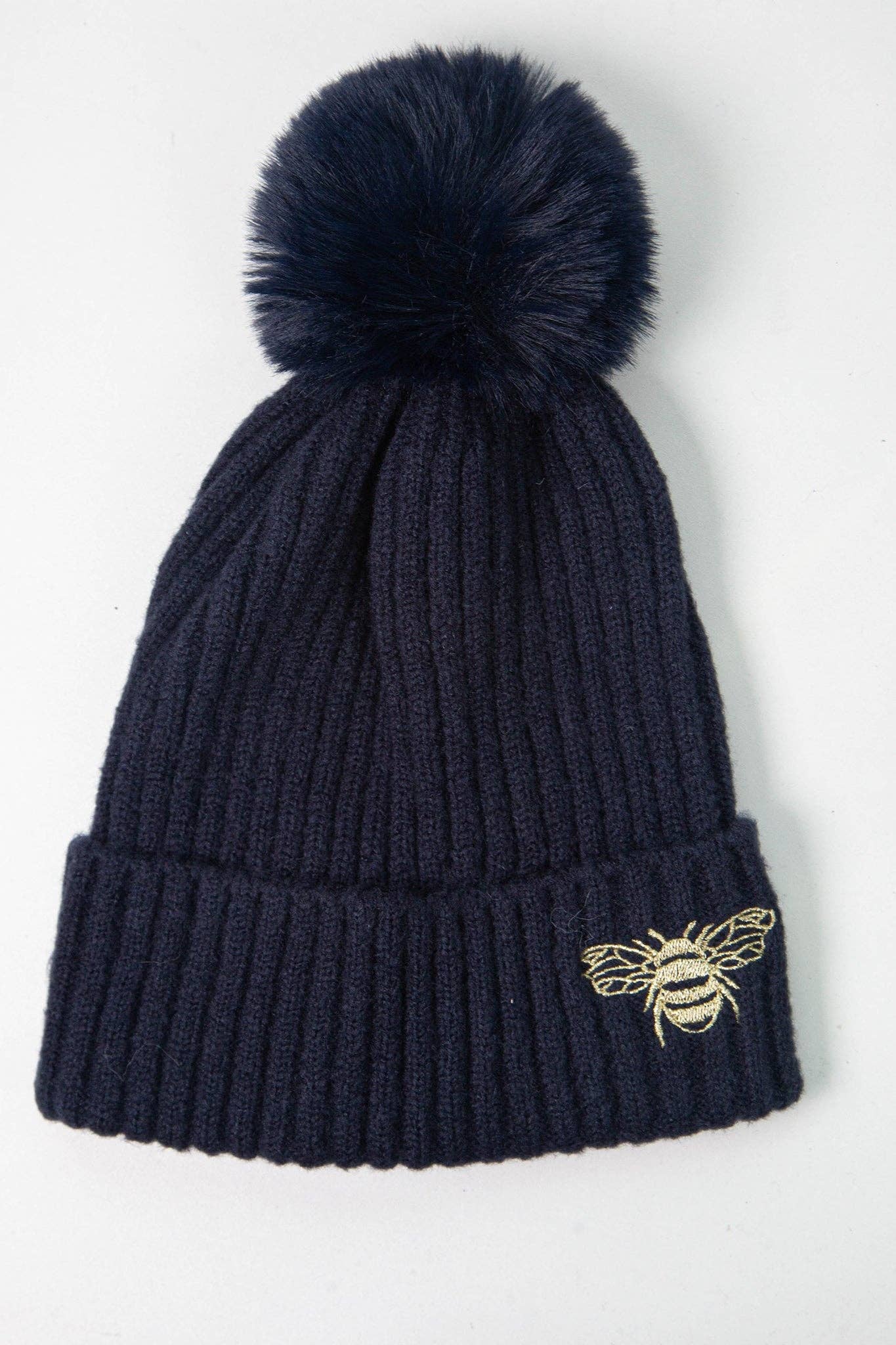 Navy Blue Bee Detail Pom Pom Hat