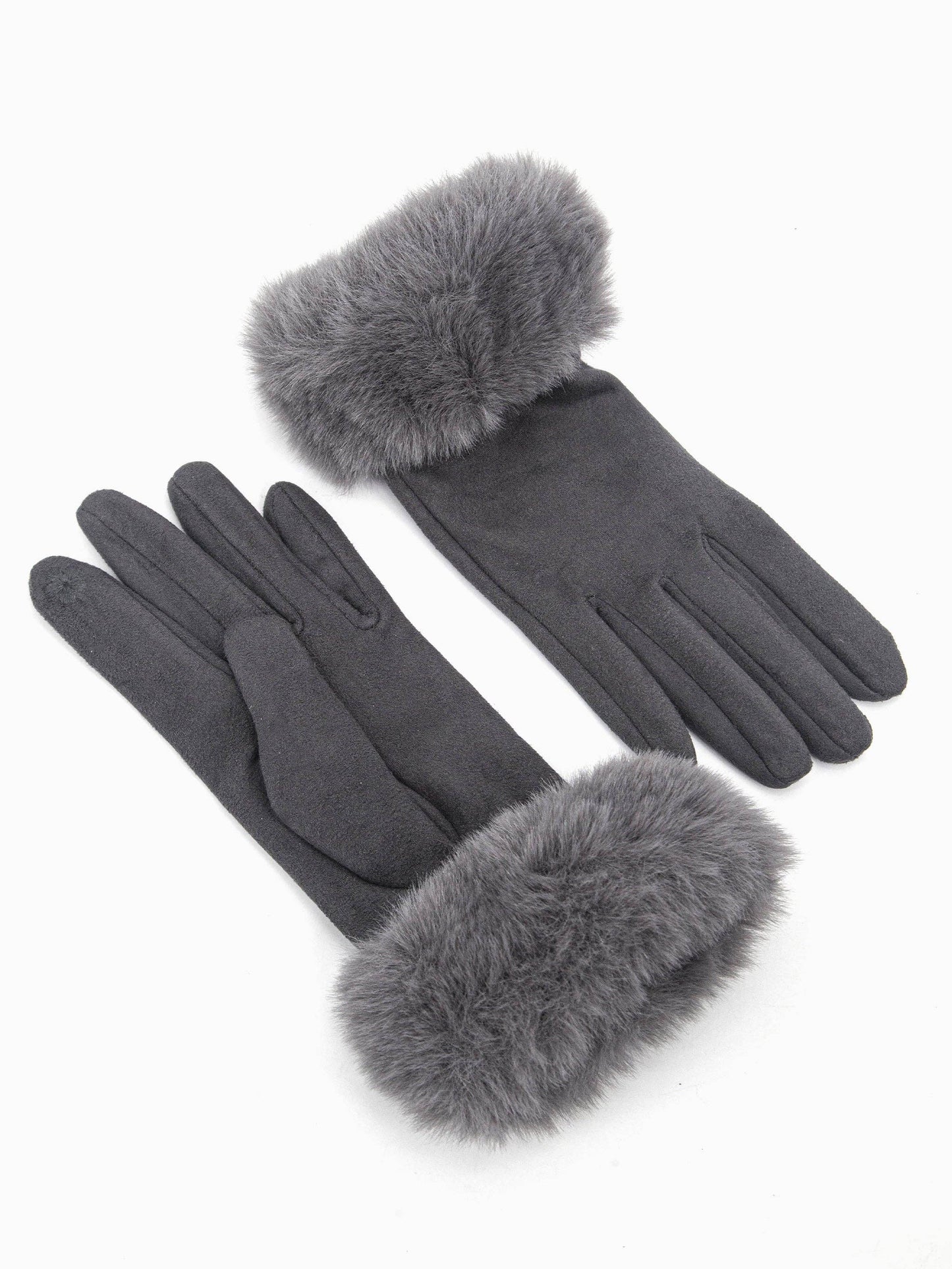 Zara Faux Fur Cuff Gloves - Dark Grey, Velvet