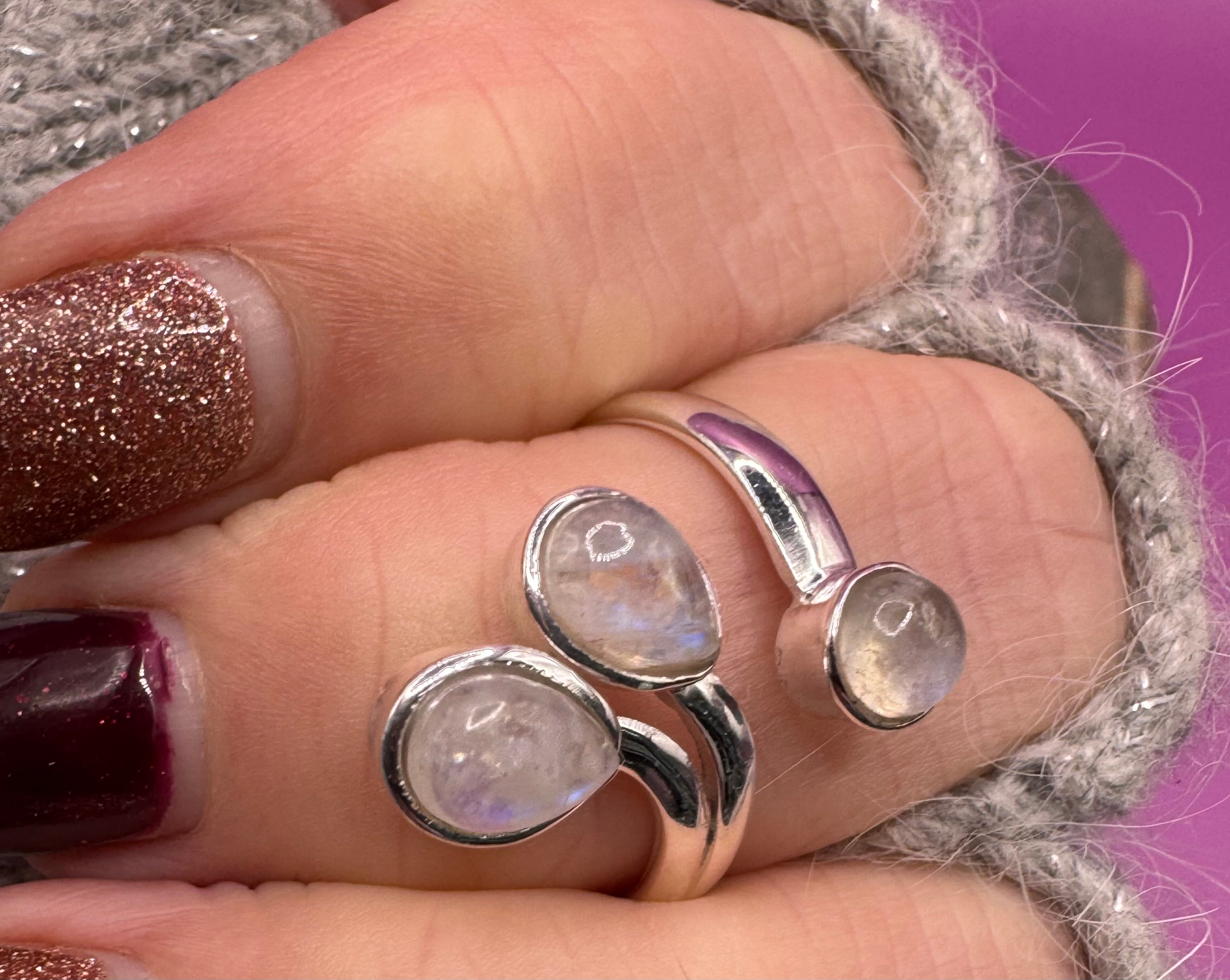Triple Rainbow Moonstone Sterling ring