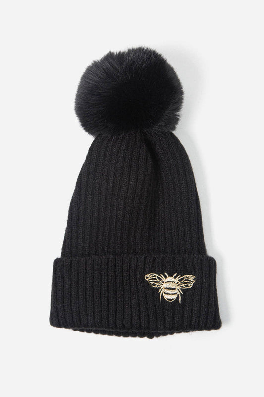 Embroidered Bee Pom Pom Hat Black