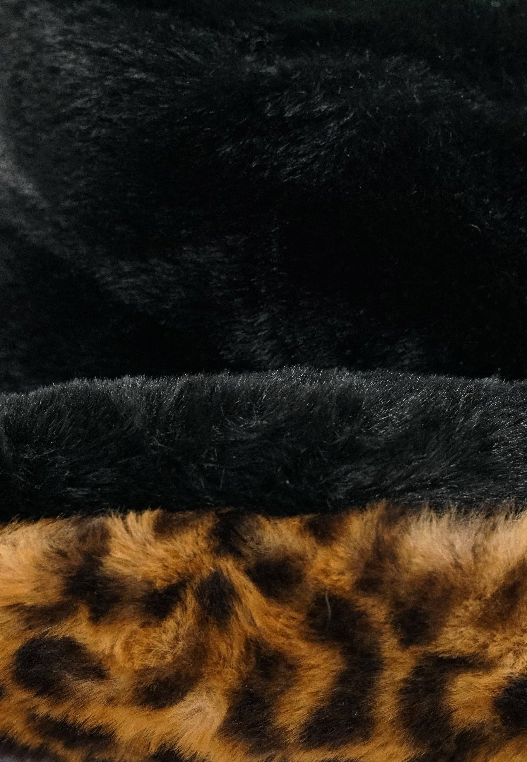 Fur Plush Bucket Hat in Black and Leopard