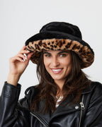 Fur Plush Bucket Hat in Black and Leopard