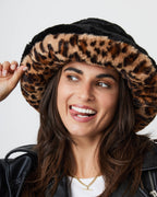 Fur Plush Bucket Hat in Black and Leopard