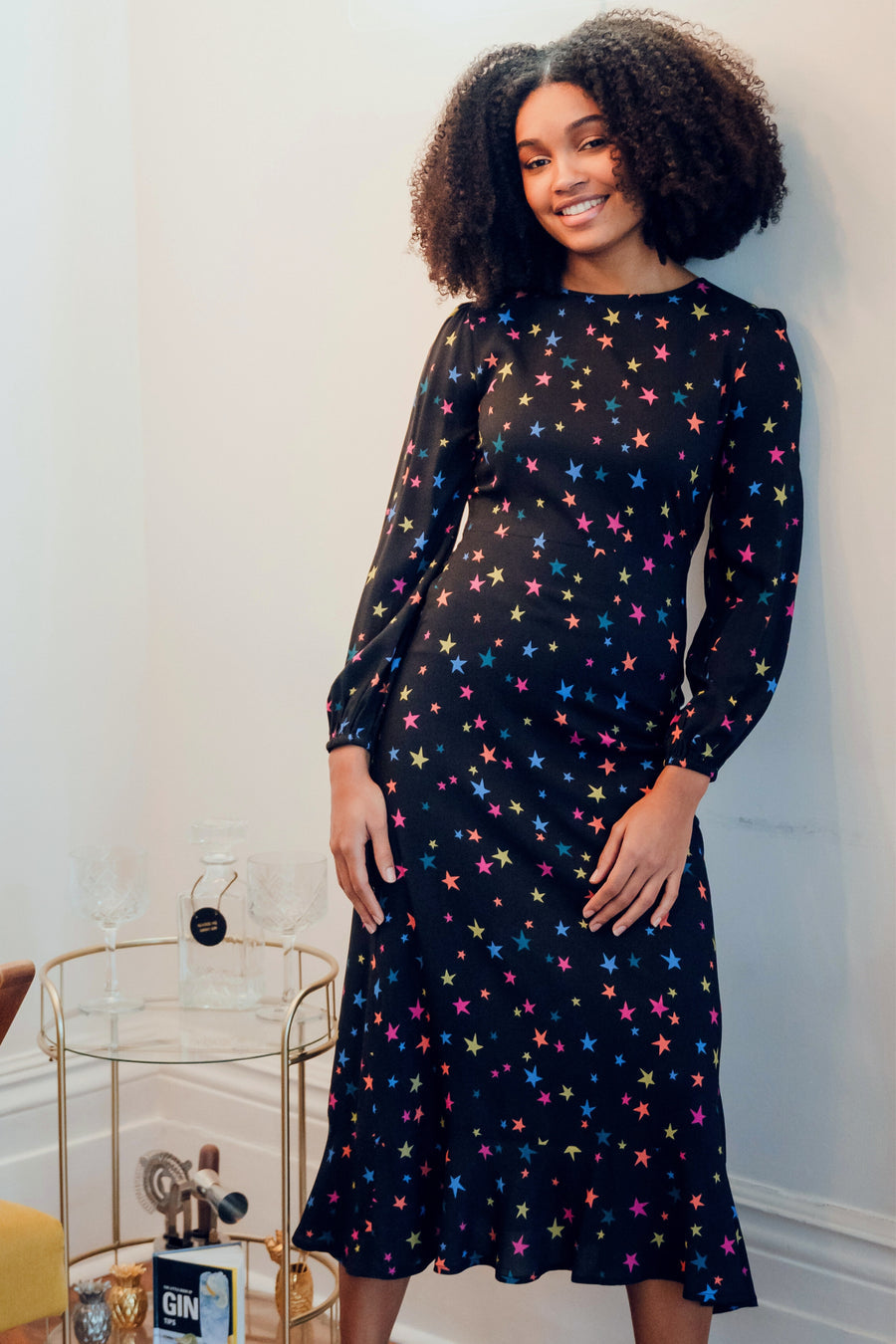 Bliss Midi Dress - Black, Rainbow Star Confetti