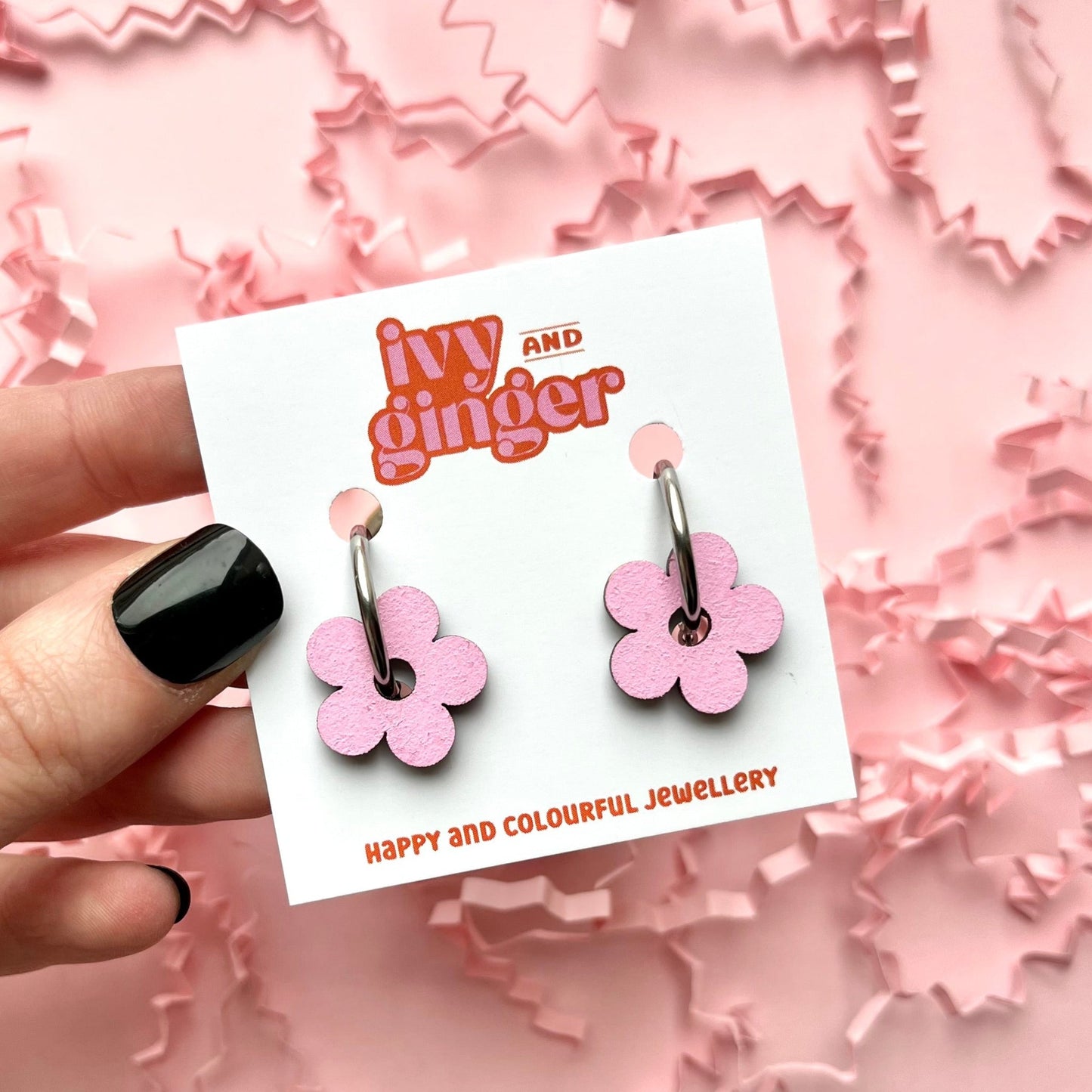 Ivy & Ginger - Pink flower hoop earrings