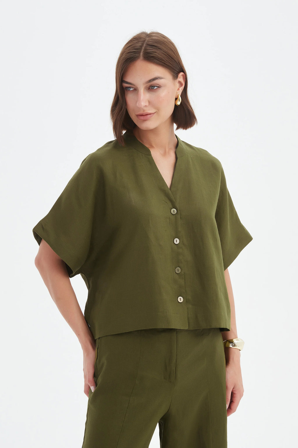 Tirelli - Boxy Button Linen Shirt - Dark Moss