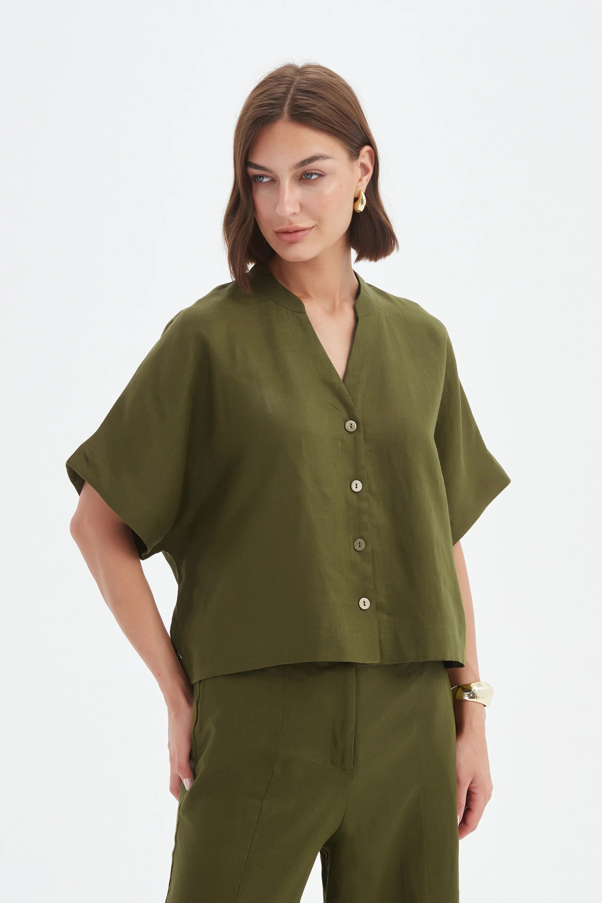 Tirelli - Boxy Button Linen Shirt - Dark Moss
