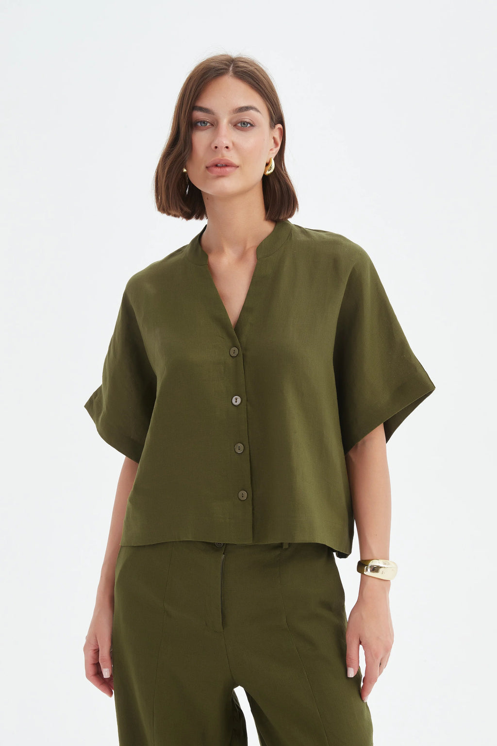 Tirelli - Boxy Button Linen Shirt - Dark Moss