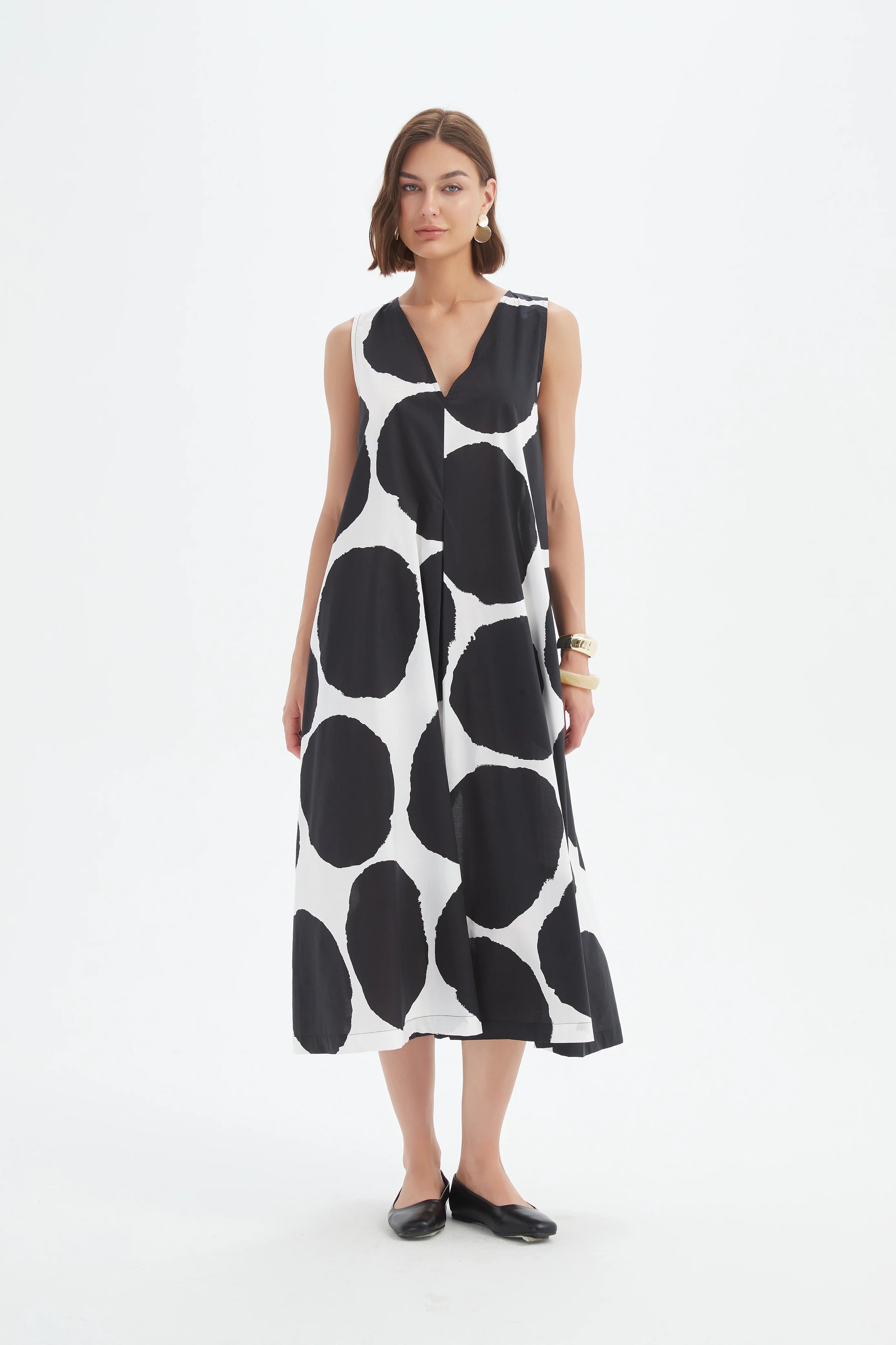 Tirelli - Inverted Pleat Poplin Dress - Black & White Spot