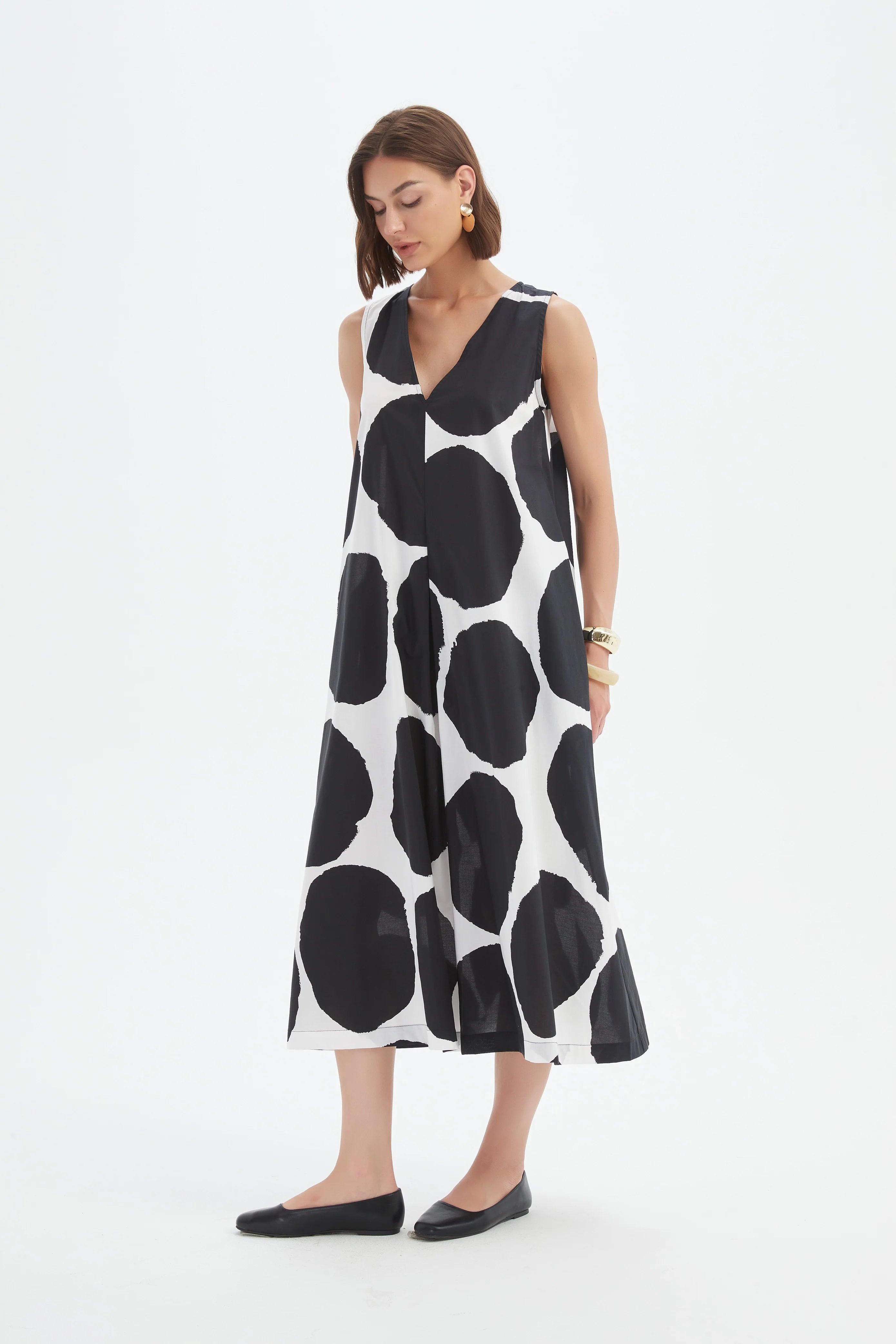 Tirelli - Inverted Pleat Poplin Dress - Black & White Spot
