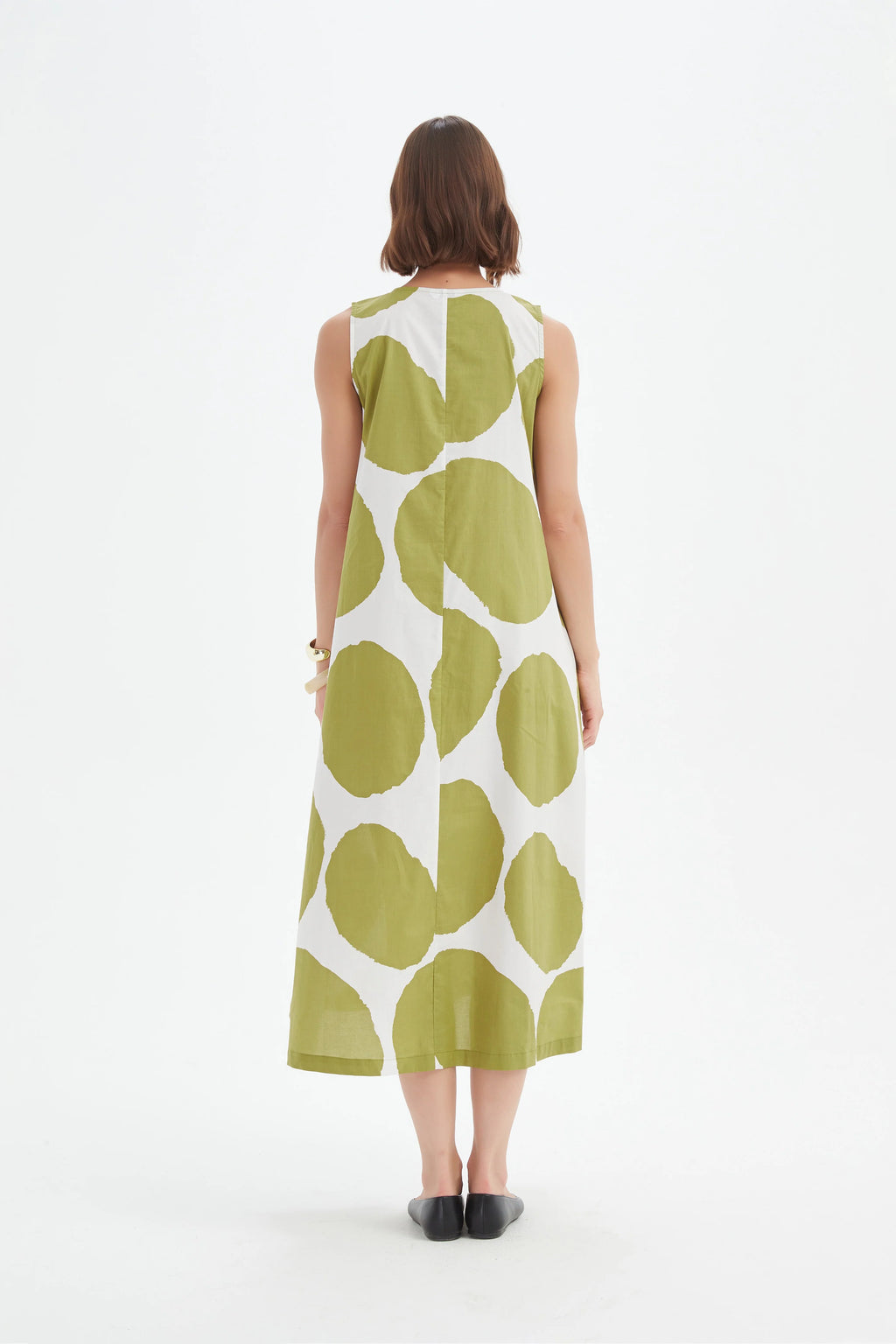 Tirelli - Inverted Pleat Poplin Dress - Chartreuse Green & White Spot