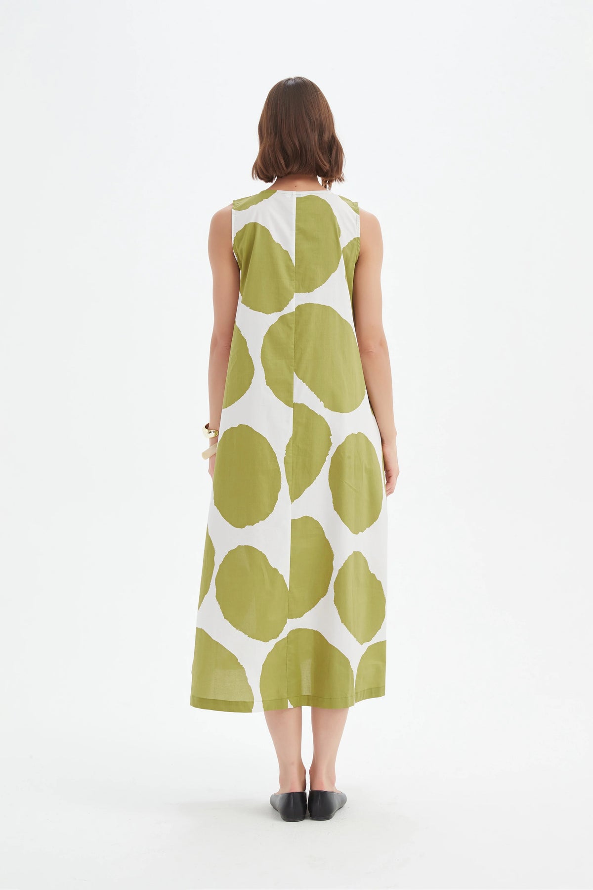 Tirelli - Inverted Pleat Poplin Dress - Chartreuse Green & White Spot
