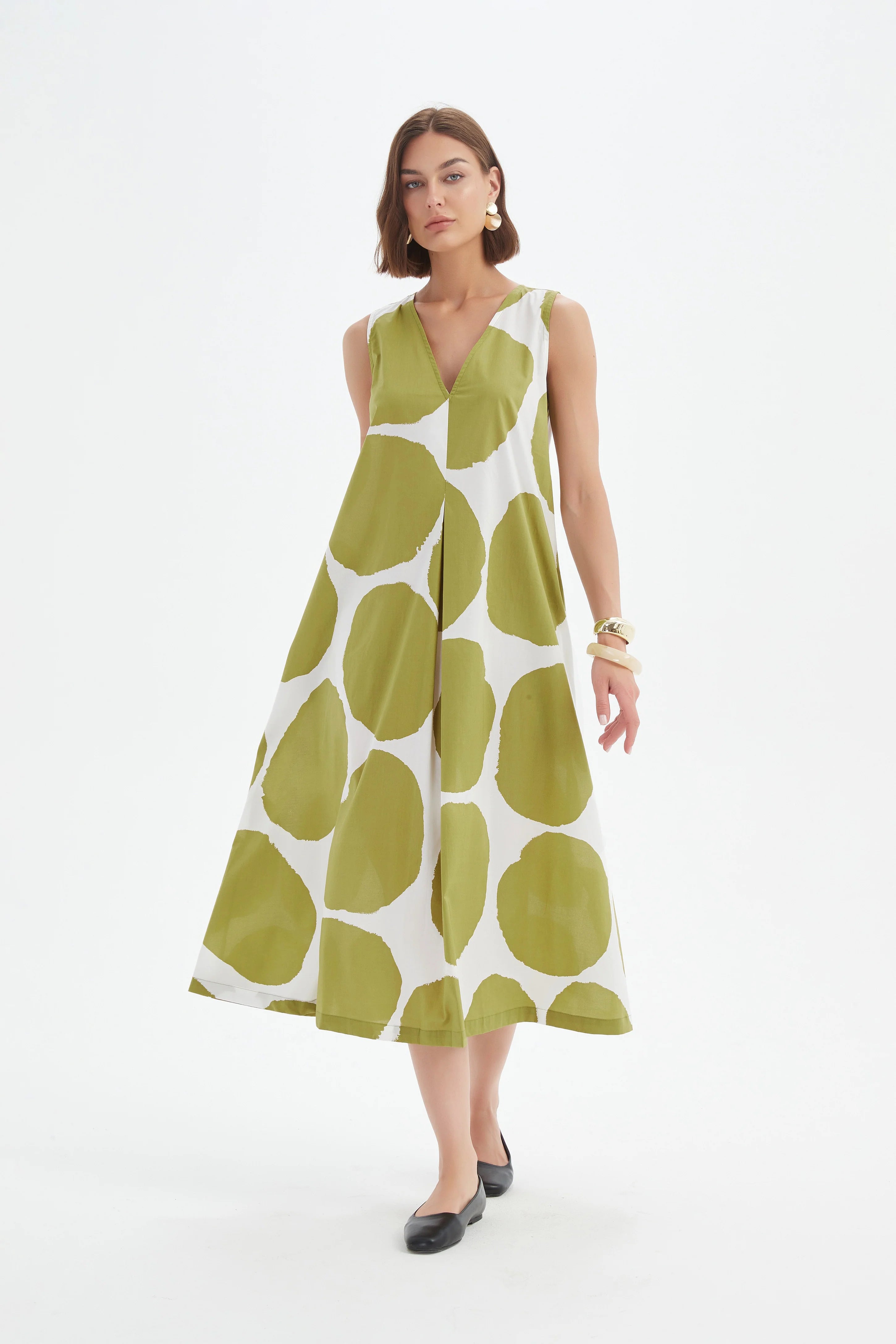 Tirelli - Inverted Pleat Poplin Dress - Chartreuse Green & White Spot
