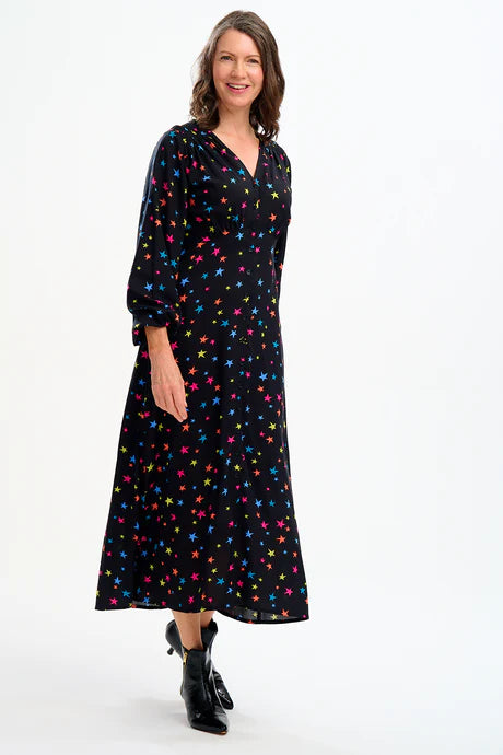 Bellatrix Maxi Tea Dress - Black, Rainbow Star Confetti