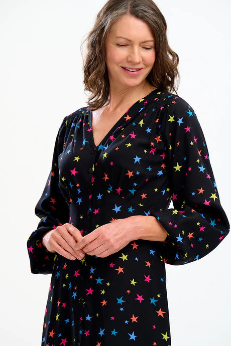 Bellatrix Maxi Tea Dress - Black, Rainbow Star Confetti
