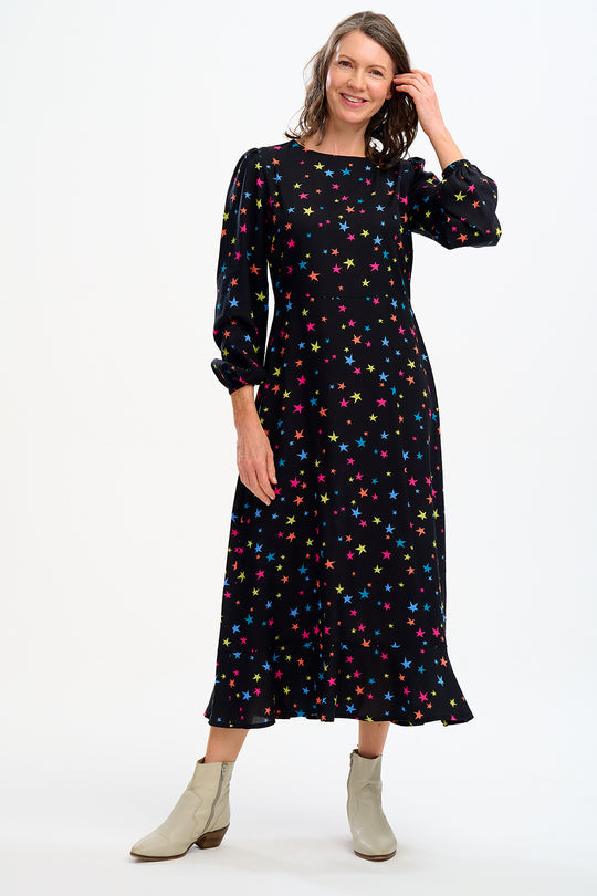 Bliss Midi Dress - Black, Rainbow Star Confetti
