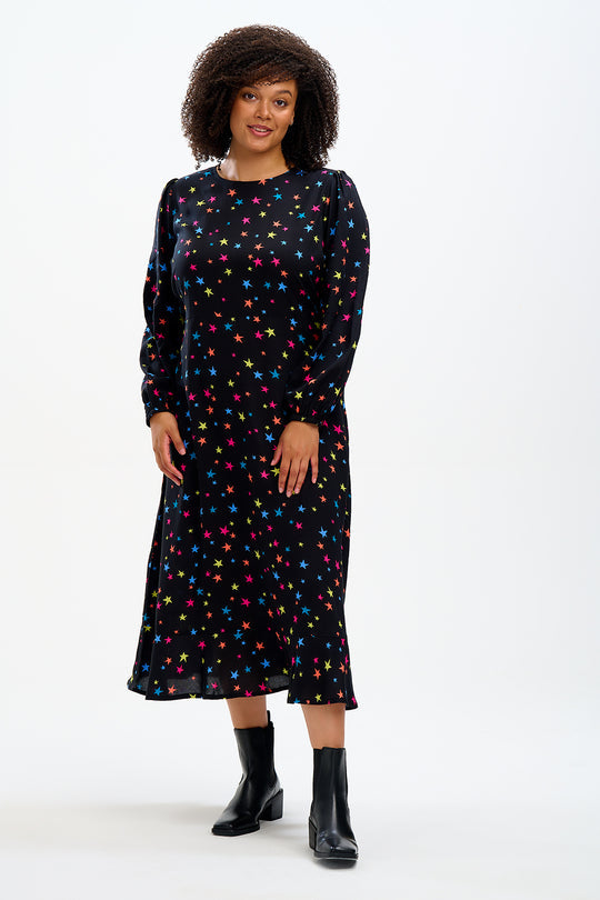 Bliss Midi Dress - Black, Rainbow Star Confetti
