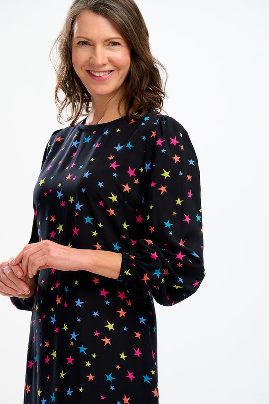 Bliss Midi Dress - Black, Rainbow Star Confetti