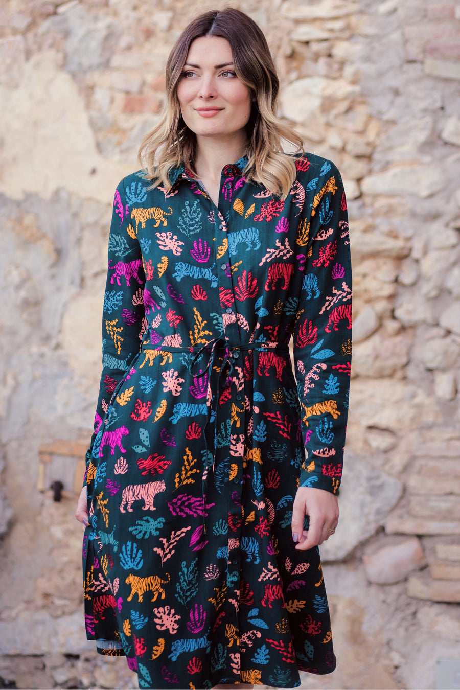 Zadie Shirt Dress - Dark Green, Tiger Cutouts