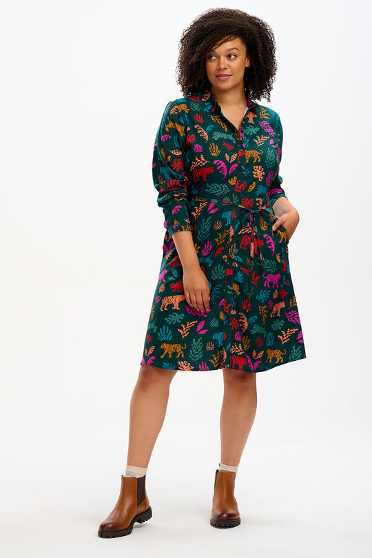 Zadie Shirt Dress - Dark Green, Tiger Cutouts