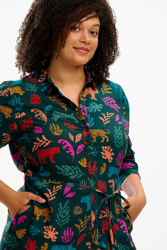 Zadie Shirt Dress - Dark Green, Tiger Cutouts