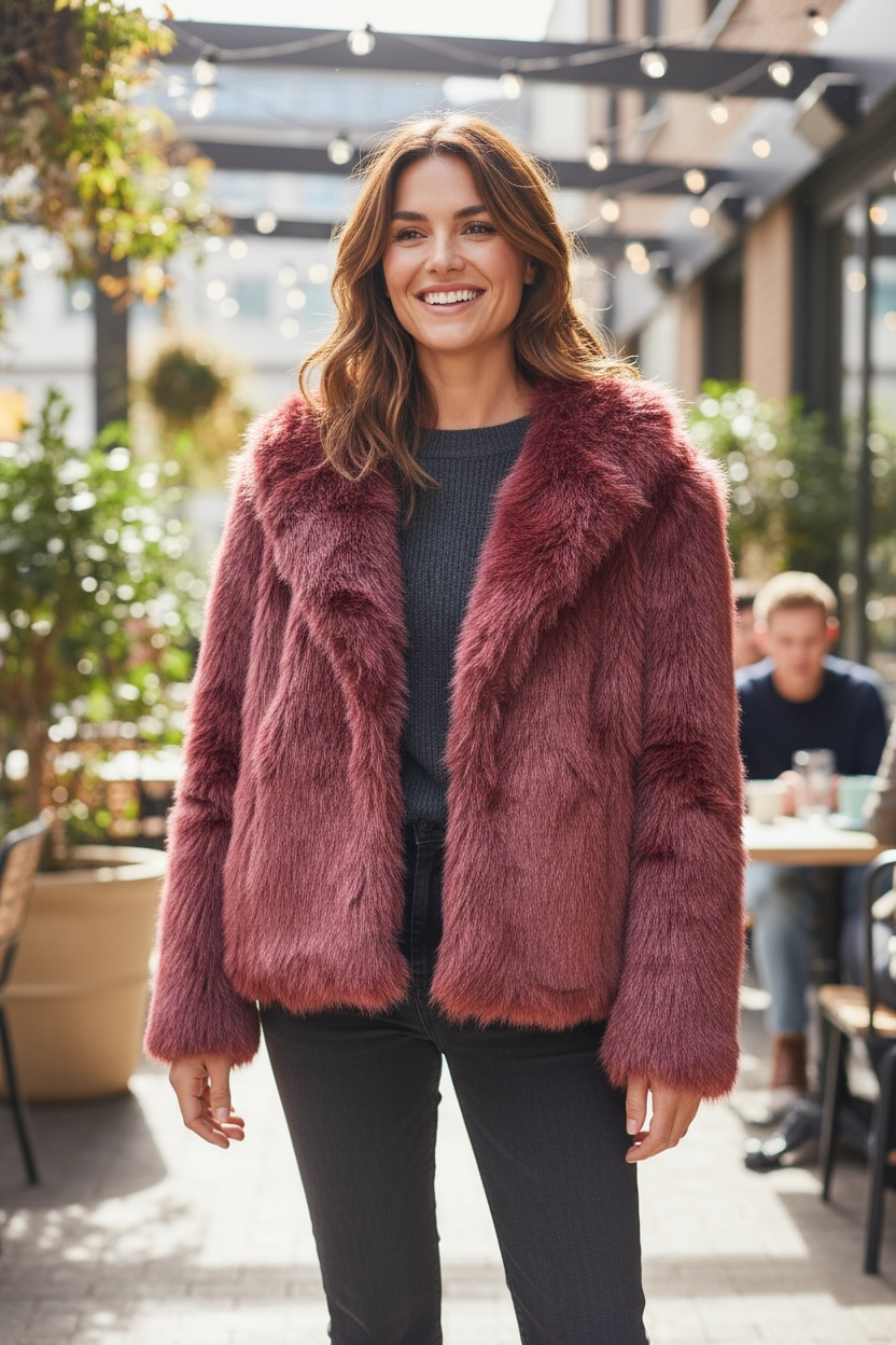 Luxurious Burgundy/Wine Faux Fur Coat – One Size”