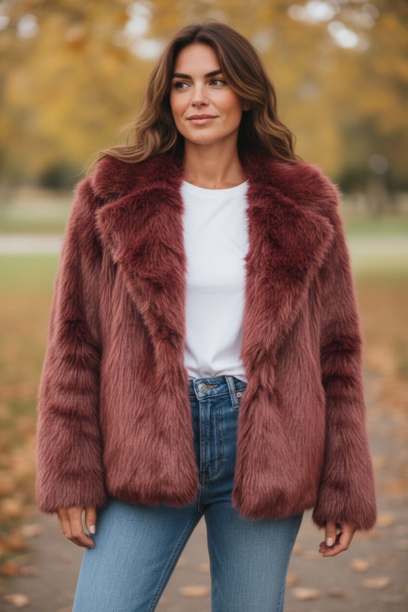 Luxurious Burgundy/Wine Faux Fur Coat – One Size”