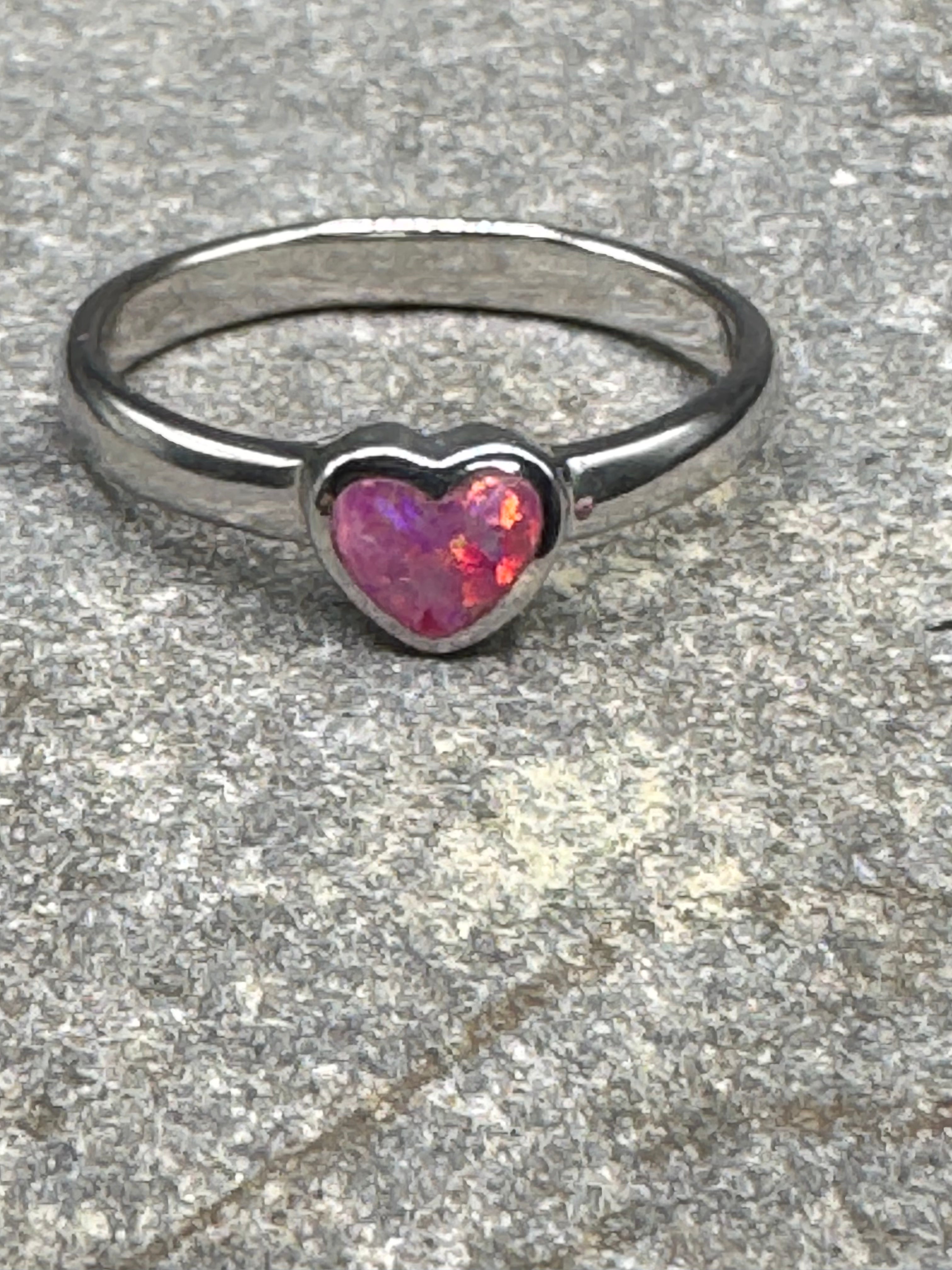 🌸 Pink Synthetic Opal Heart Ring – Sterling Silver