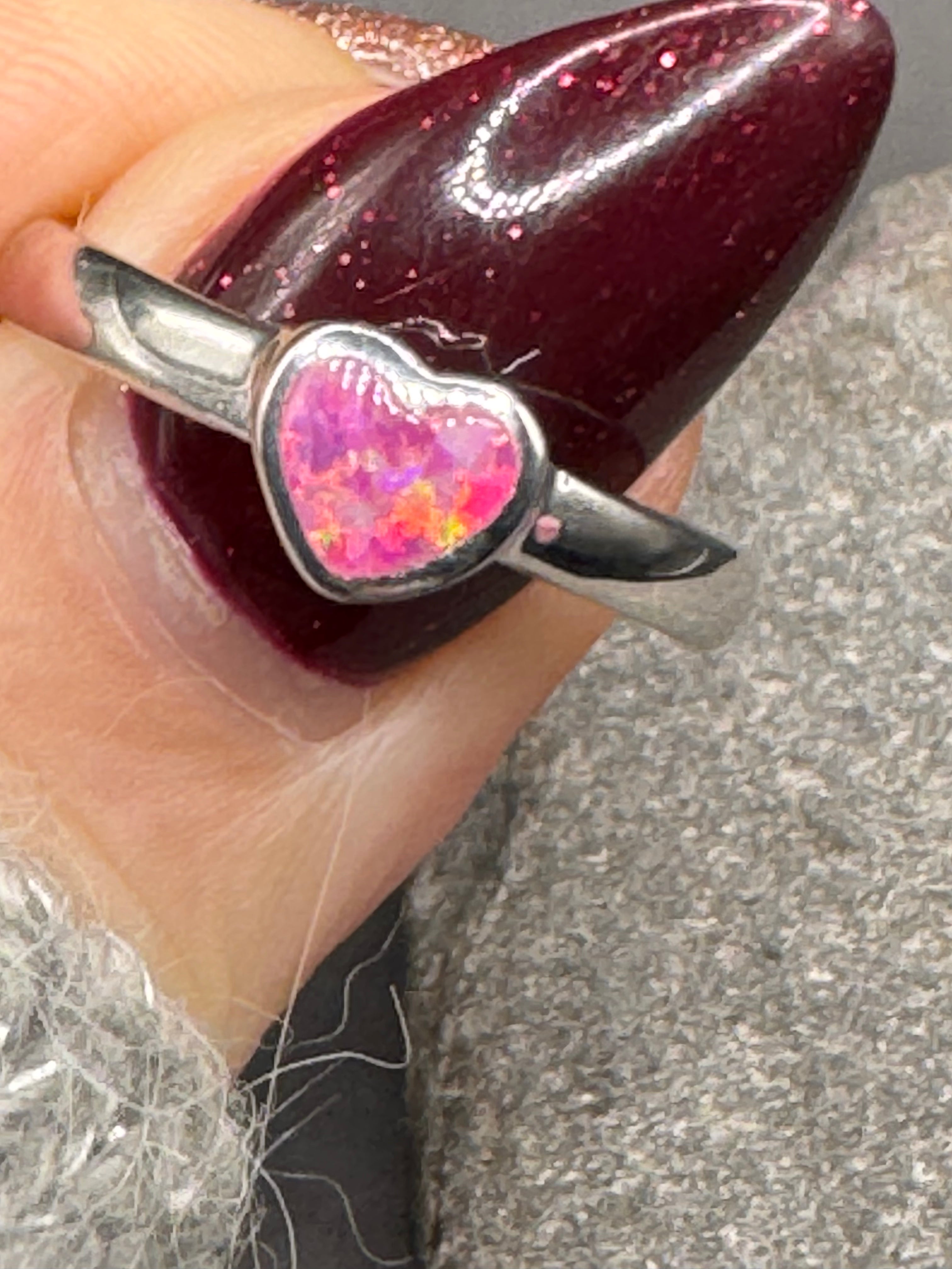 🌸 Pink Synthetic Opal Heart Ring – Sterling Silver