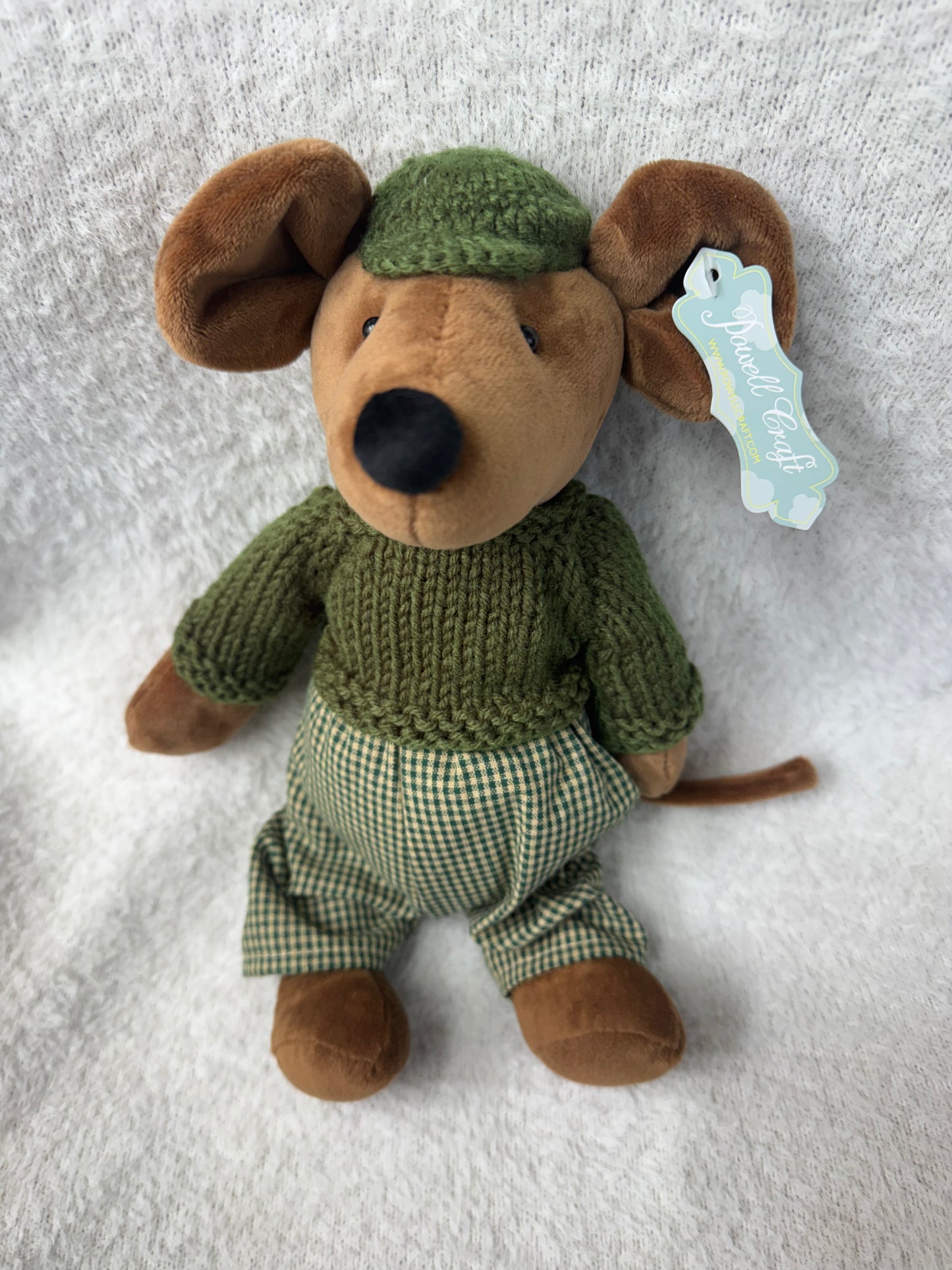 Powell Craft - Brown Mouse Soft Toy in Green Knitted Outfit – 30cm