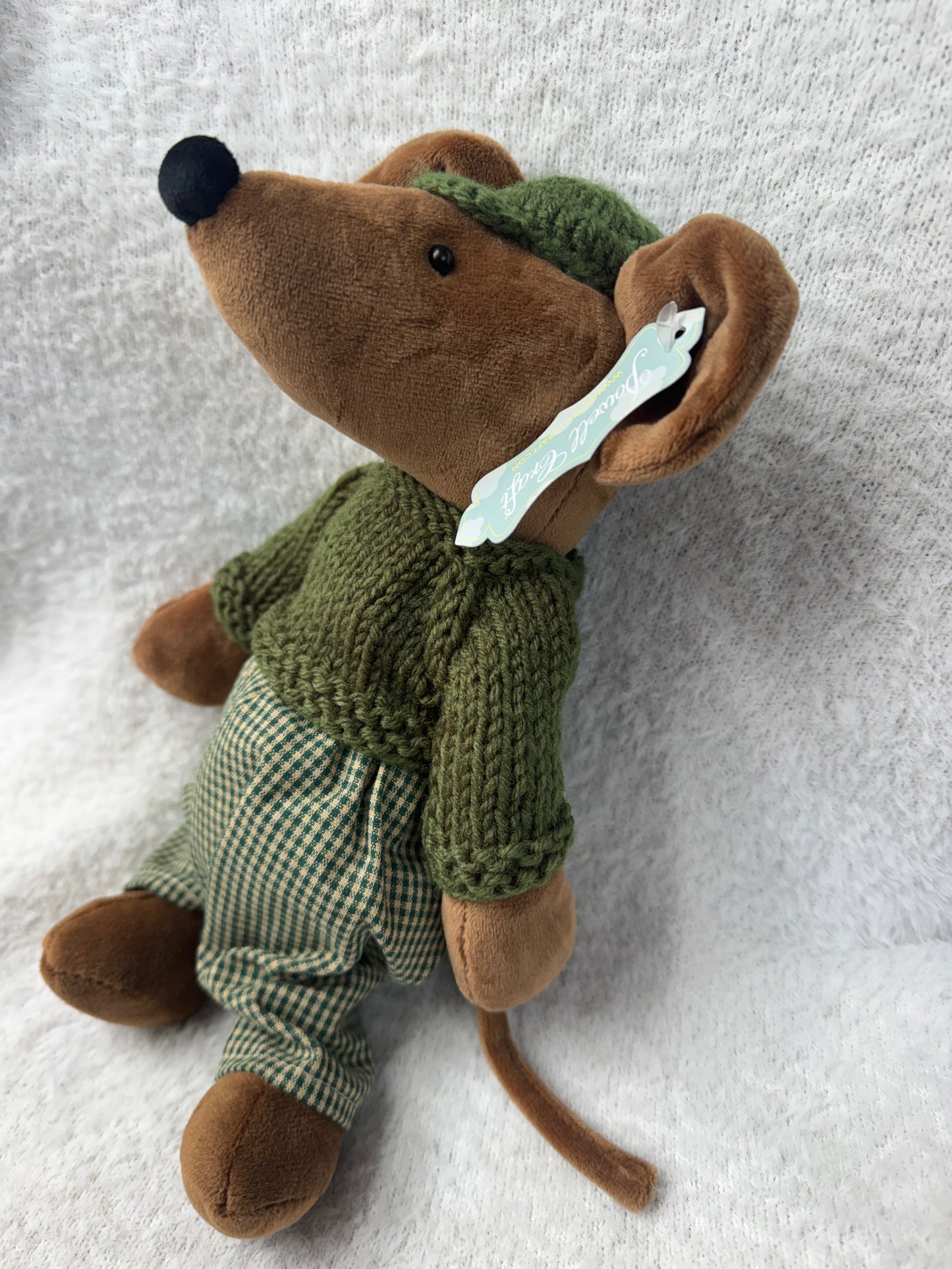 Powell Craft - Brown Mouse Soft Toy in Green Knitted Outfit – 30cm