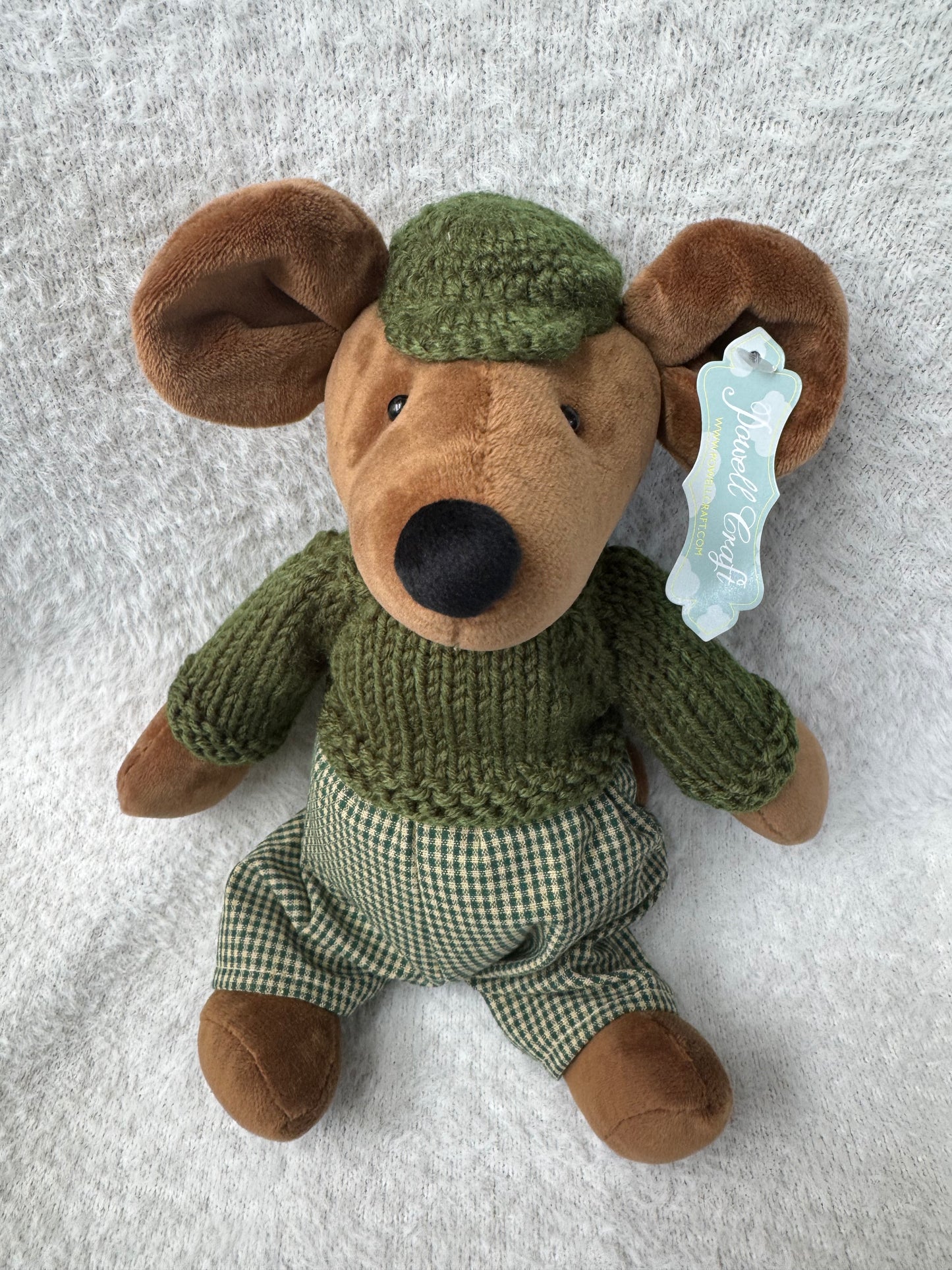Powell Craft - Brown Mouse Soft Toy in Green Knitted Outfit – 30cm