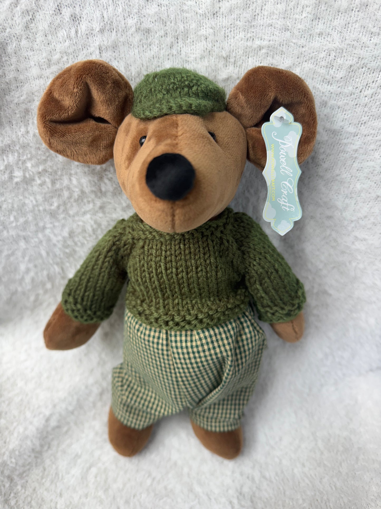 Powell Craft - Brown Mouse Soft Toy in Green Knitted Outfit – 30cm